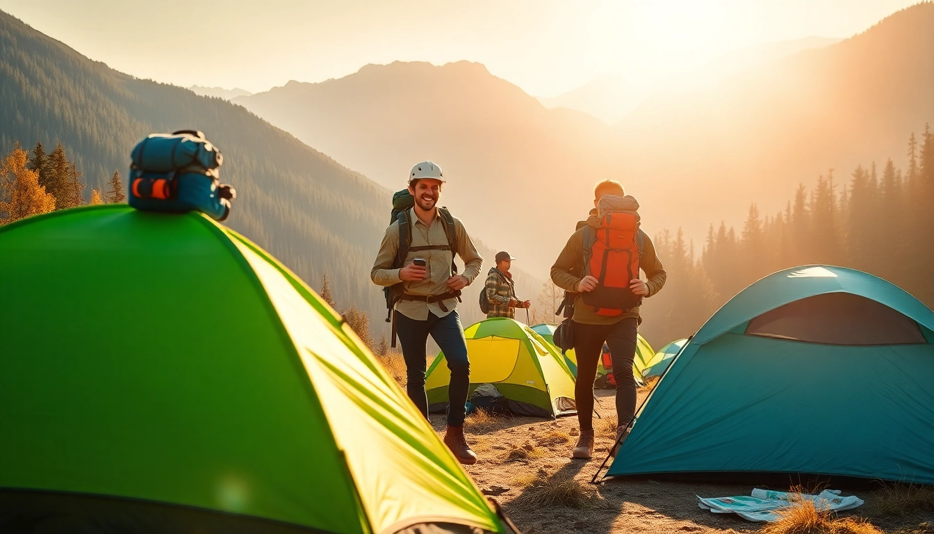 Adventurers preparing for exploration at https://fernweh-abenteuer.de, surrounded by nature.