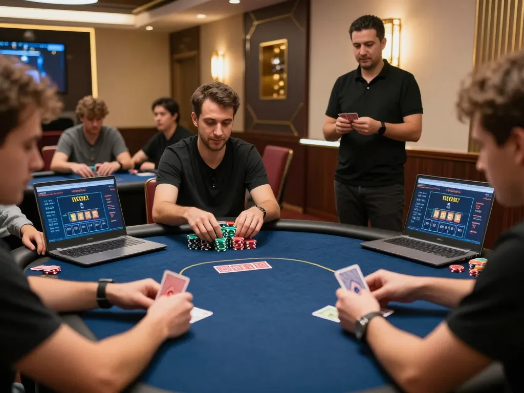 Winstrike69 players engaged in intense poker gameplay online, showcasing strategic card decisions and colorful chips