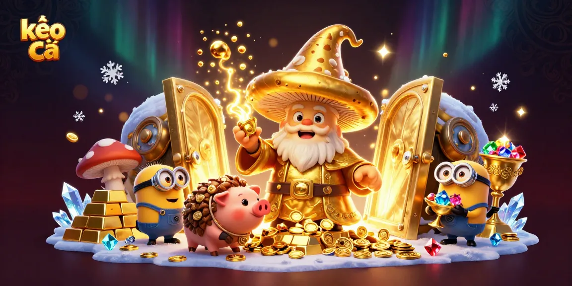 Experience kèo nhà cái magic with golden wizard and treasure in a vibrant casino scene.