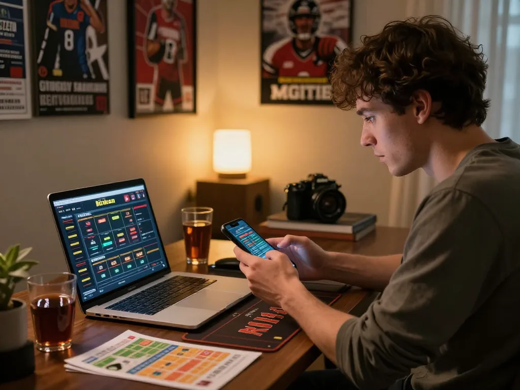 Cakhia sports betting scene shows player engaged in live betting on smartphone in a cozy home office.