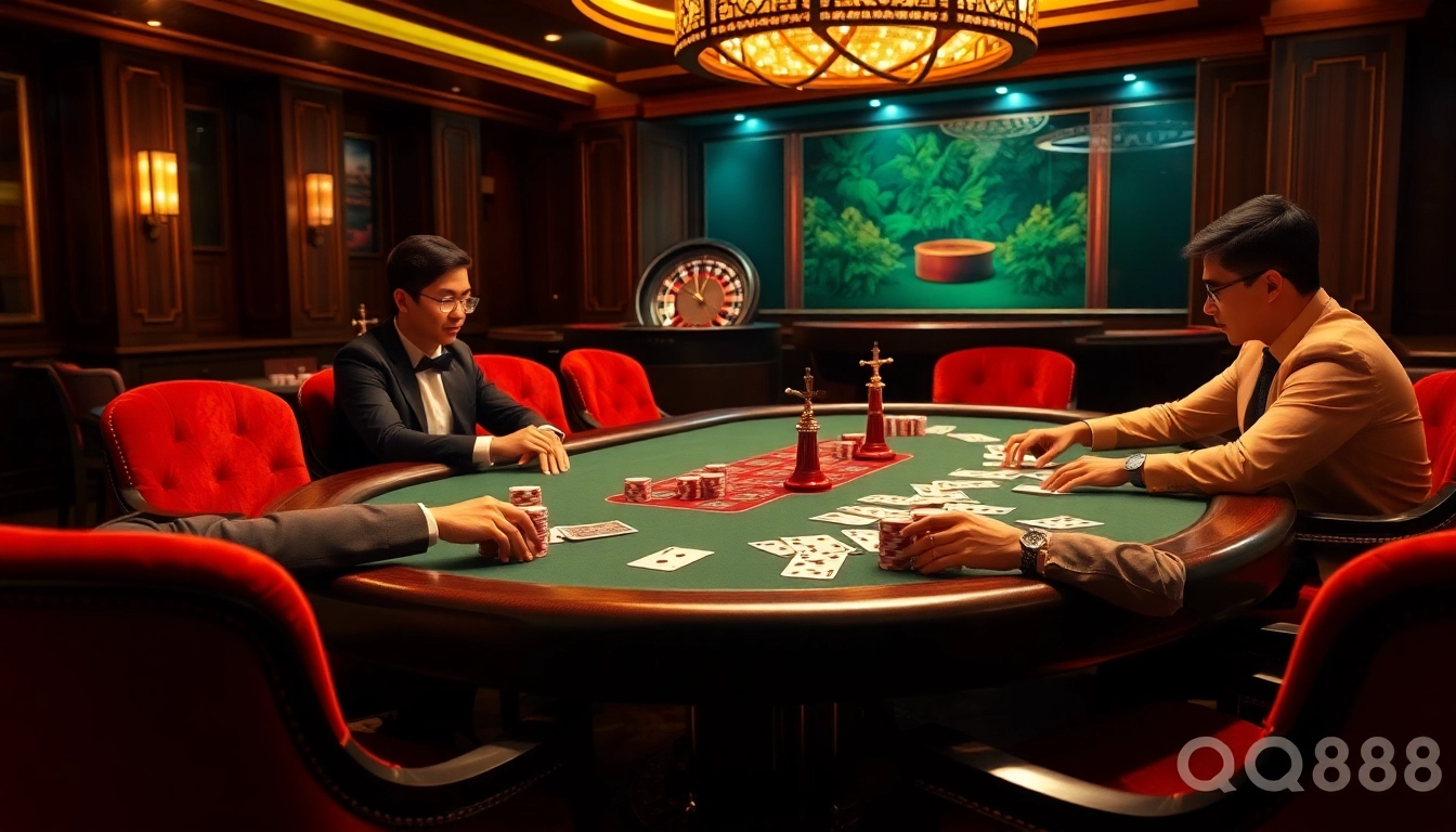 Experience thrilling gameplay at Trang Chủ QQ88 with an intense poker match and luxurious casino elements.