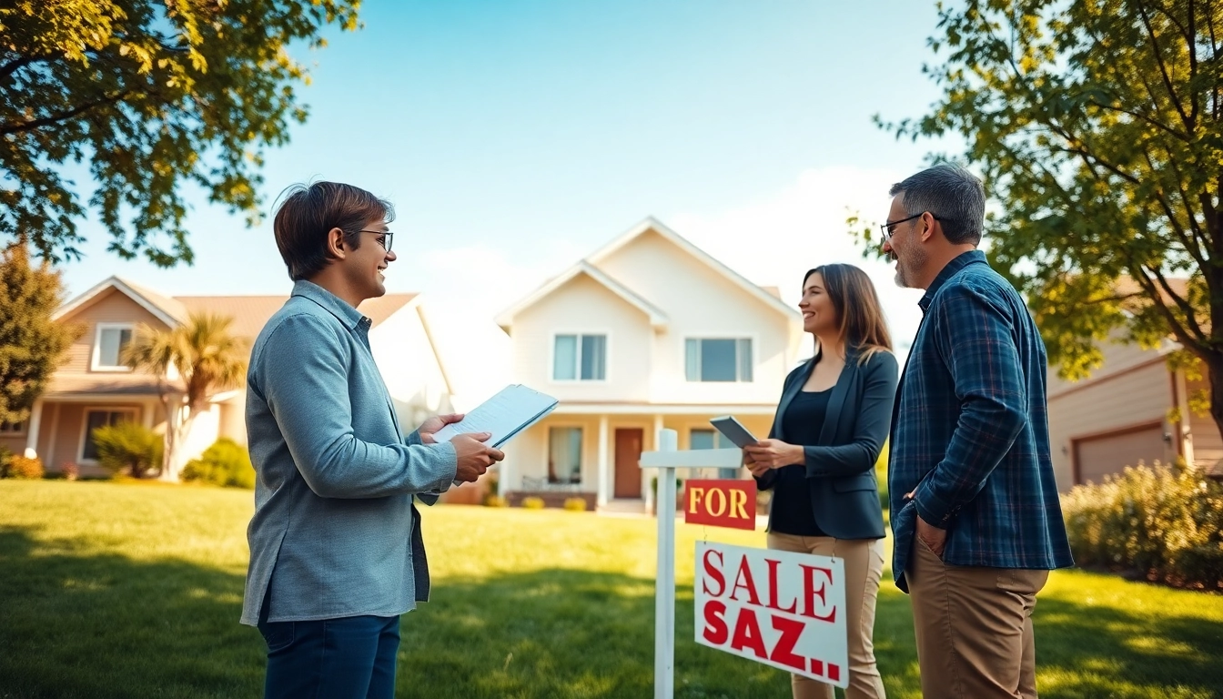 Real Estate agent presents a modern house to excited buyers in vibrant neighborhood.