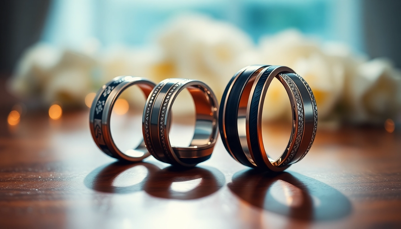 Showcasing exquisite mens wedding rings with intricate designs and unique textures.