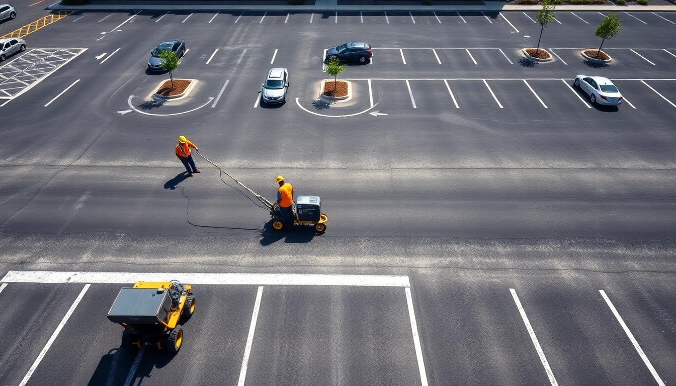 Professional parking lot striping Jackson MS with vivid lines and organized vehicles.