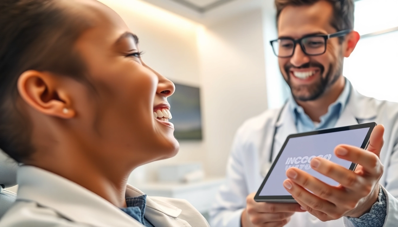 Orthodontist demonstrating the application of incognito braces on a patient’s teeth in a modern clinic.