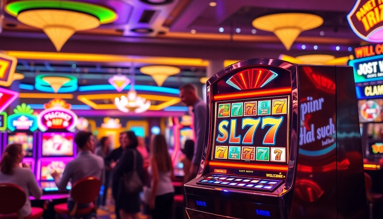 Mencoba keberuntungan di Slot77 dengan mesin slot yang berwarna-warni dan suasana kasino yang meriah.