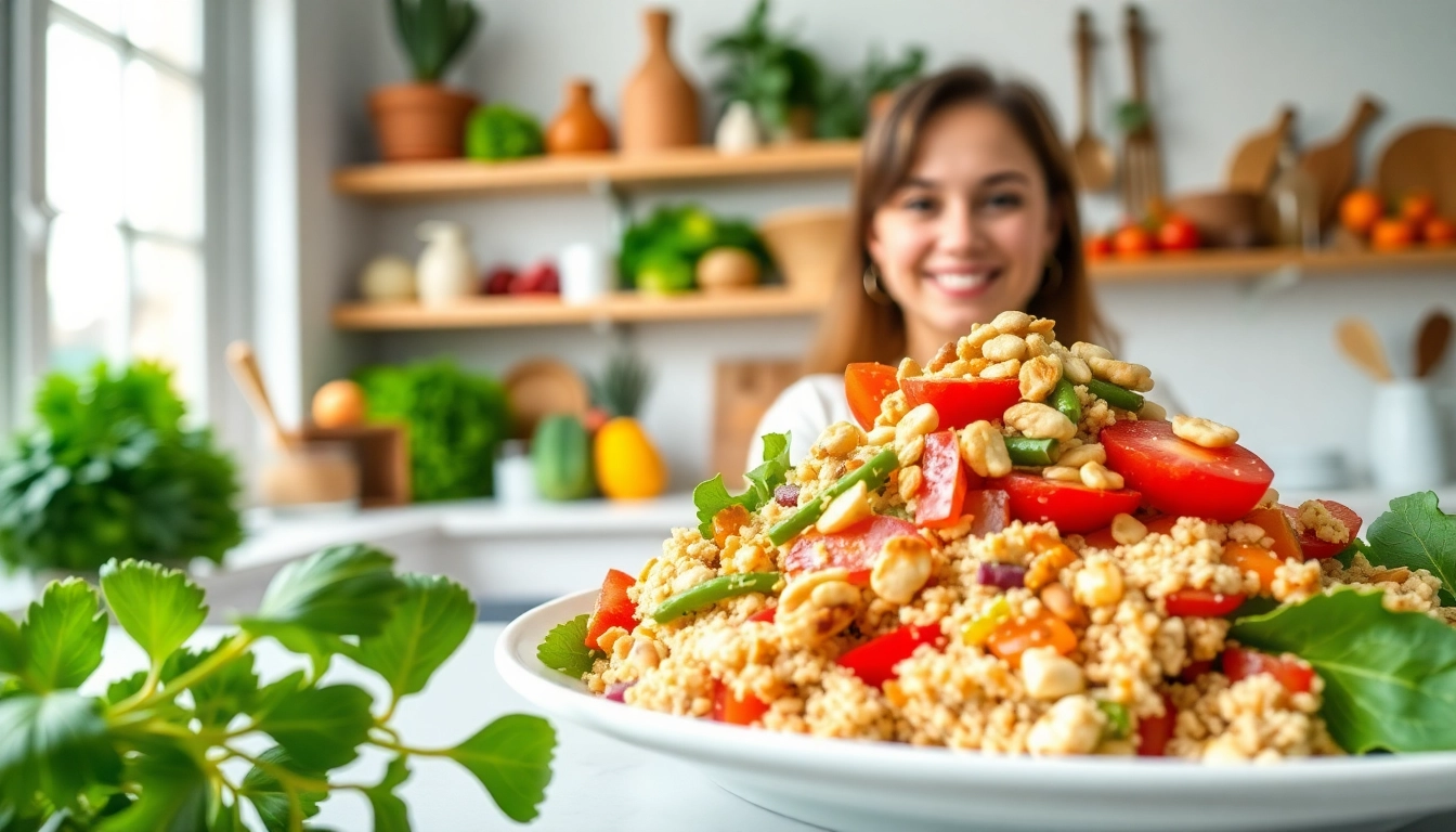 Showcasing vibrant dishes inspired by recipesalexarciab.com with a colorful healthy salad in a cozy kitchen.
