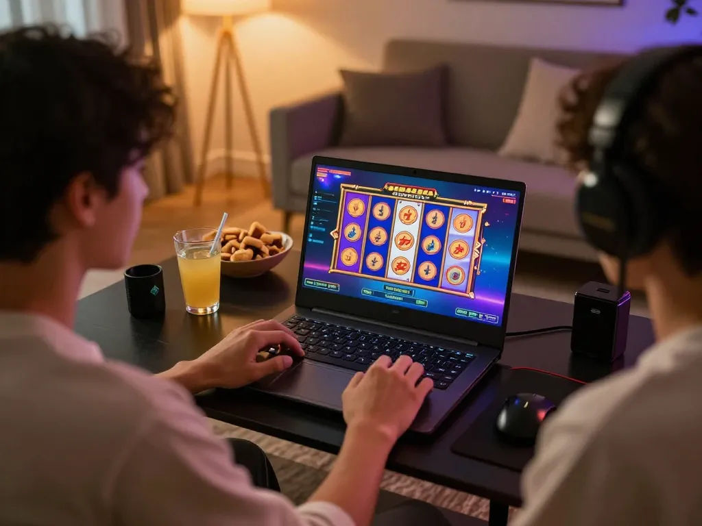 Engaging in thrilling slot gacor gameplay on a sleek laptop at home, with vibrant visuals enhancing the excitement.