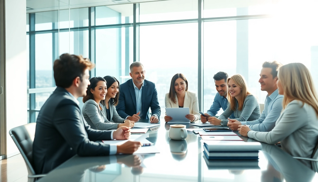 Capture a vibrant business collaboration scene as professionals engage around a table at https://fhpts.com.