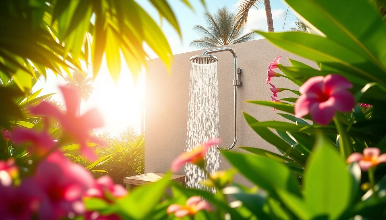 Bright and colorful sunny shower in a serene garden setting with tropical plants and flowers.