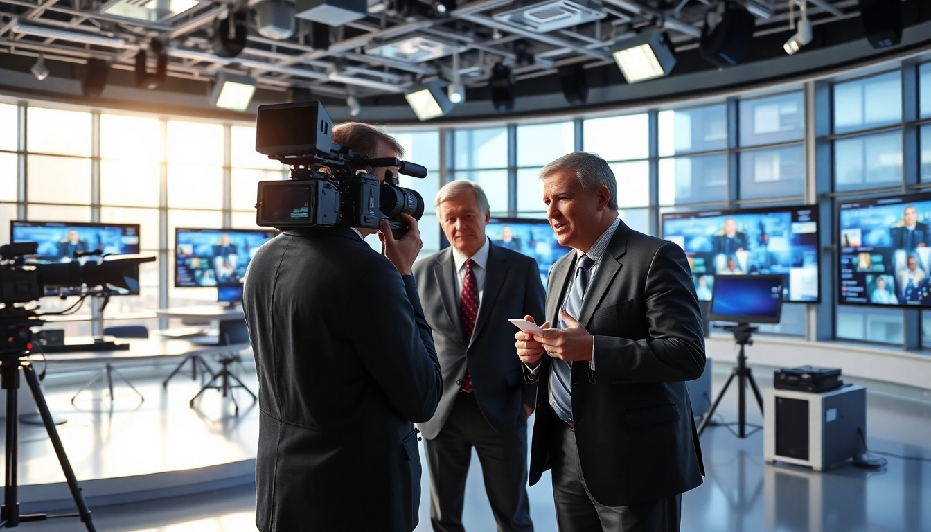 Capture the vibrant newsroom of https://emiratenewsday.com, showcasing journalists at work with high-tech screens.
