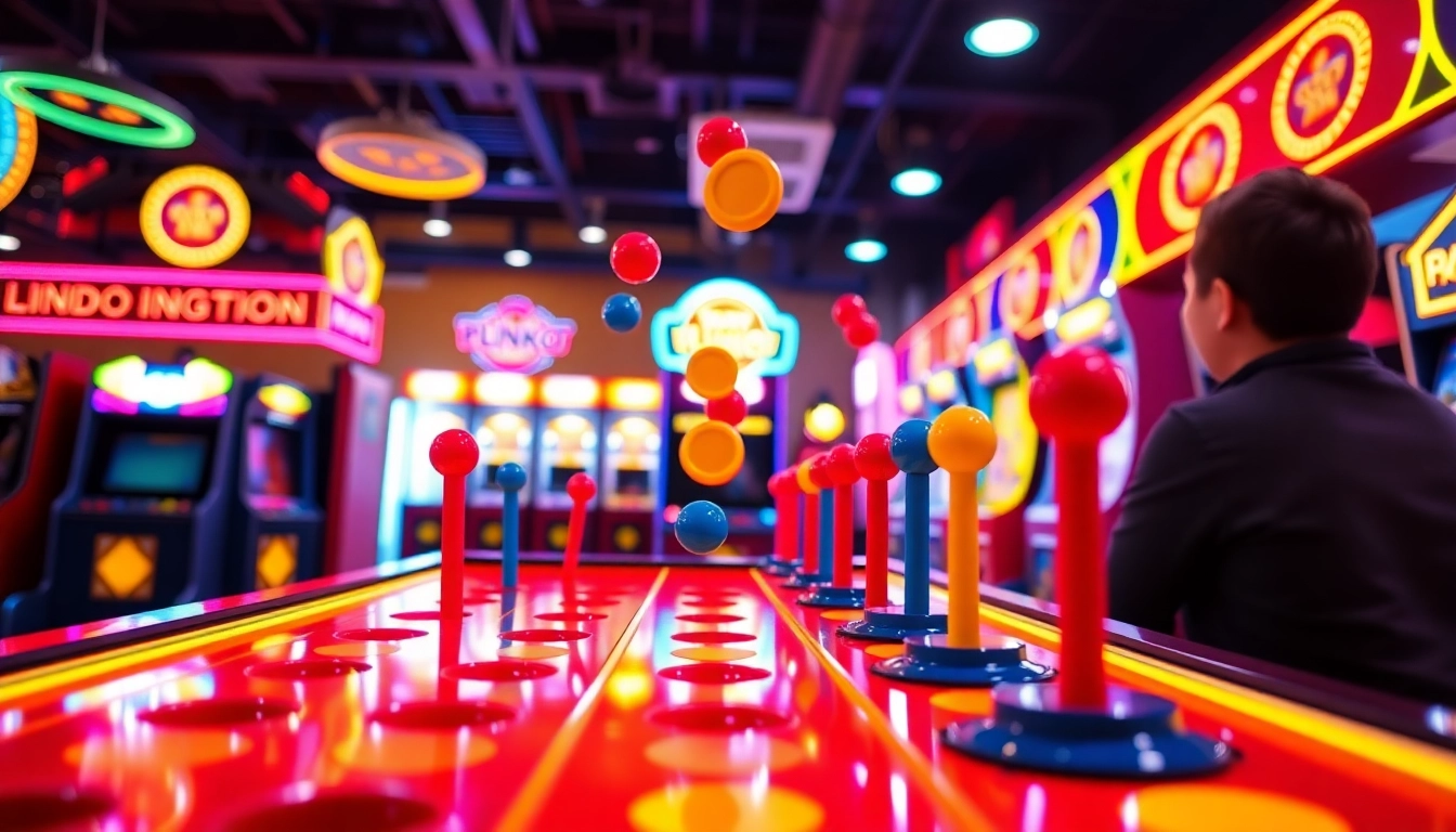 Evaluate plinko game reviews through a lively arcade scene focusing on a Plinko game setup.