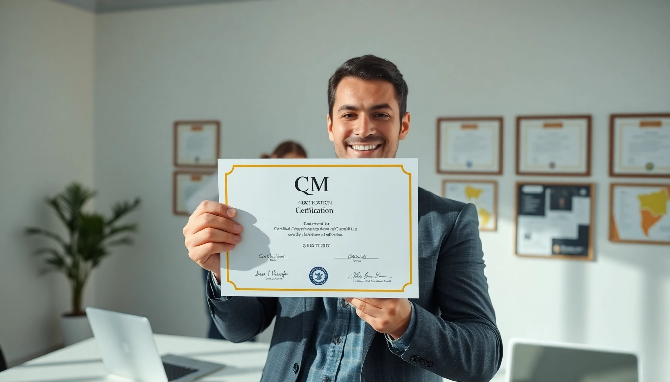 Celebrating cqm certification achievement in a professional office environment.