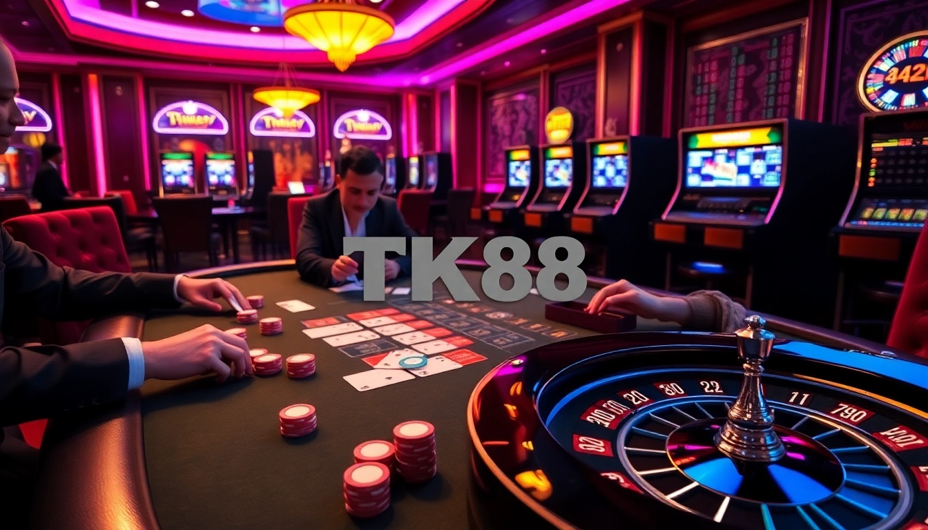 Players enjoying a thrilling game of blackjack at TK88 casino, surrounded by vibrant lights and poker chips.