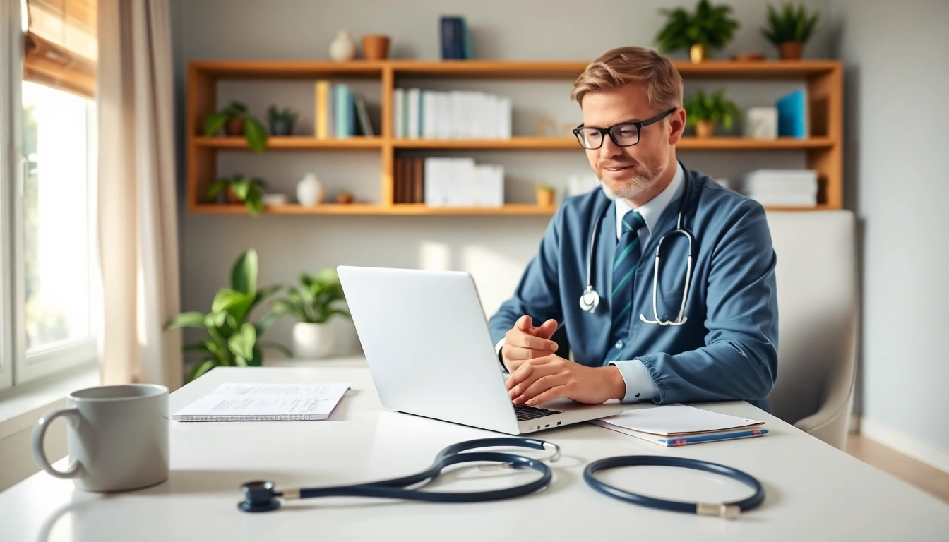 Engaging in an online doctor visit without insurance in a cozy home office setting.