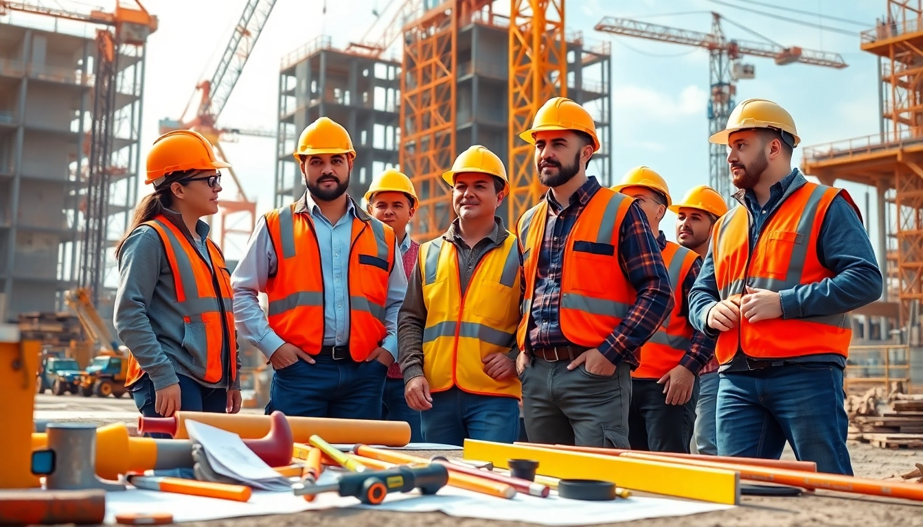 Team of professionals in a construction association actively working with tools and blueprints.