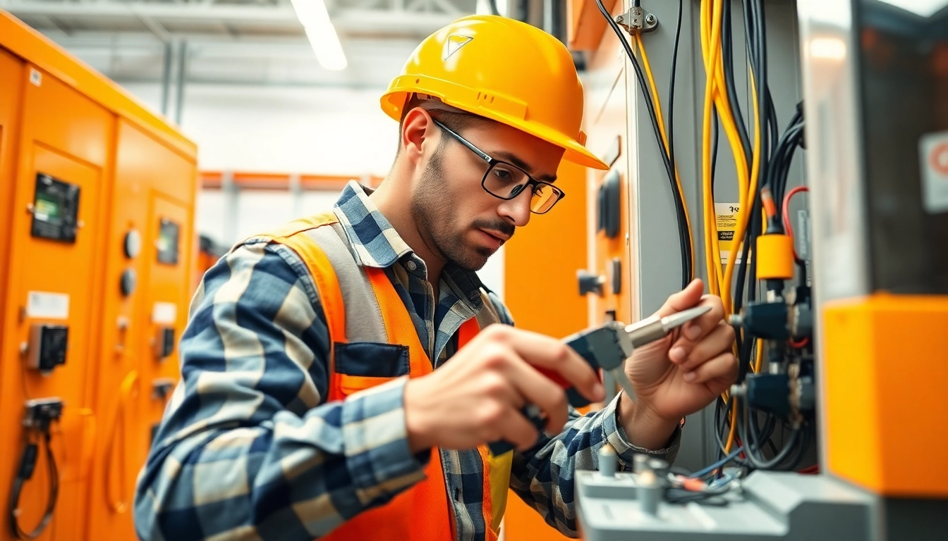 Electrician apprenticeship student focused on wiring in a well-lit training facility.