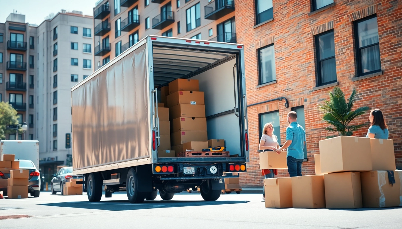 Efficient removals near me showcasing a moving truck and happy customers in an urban setting.