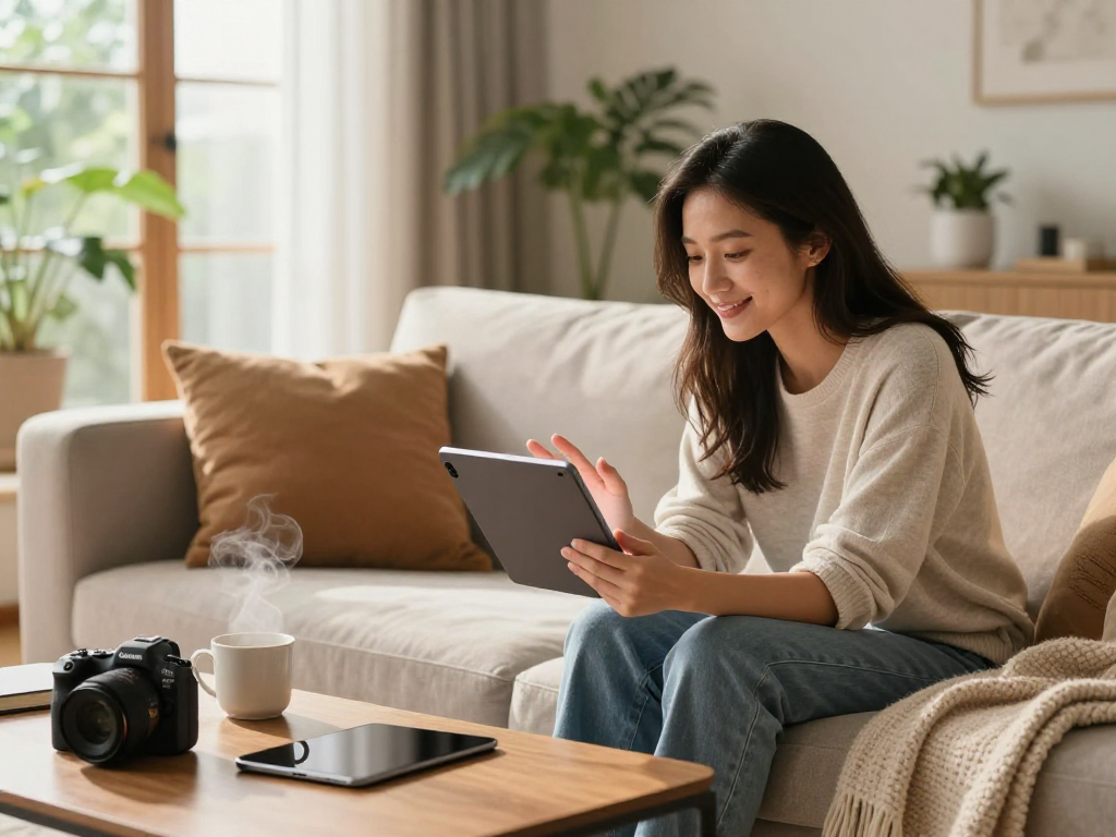 Engaging with girlfriend AI on a tablet in a cozy living room.