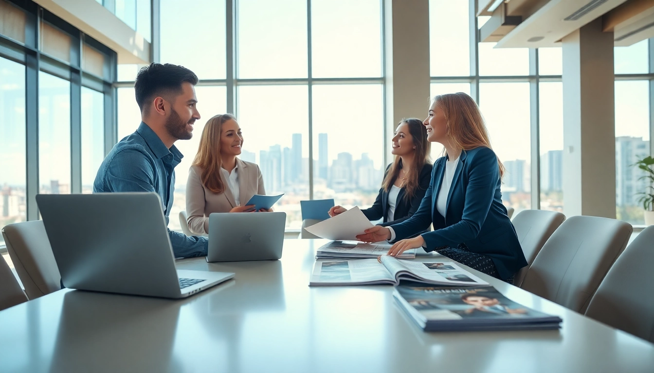 Real Estate agent engaging with clients in a modern office setting with city skyline overview.