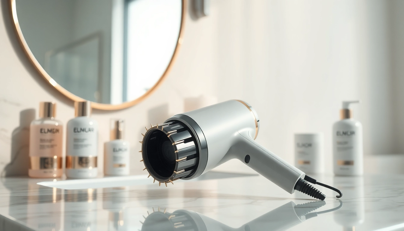 Efficient frizzy hair dryer showcasing modern design and luxury beauty products.