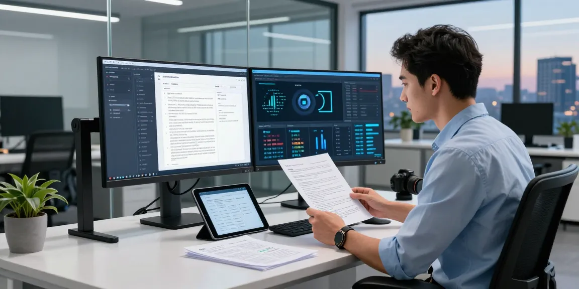Engineer in a tech workspace detecting fraud in PDF documents using advanced AI technology with dual monitors.