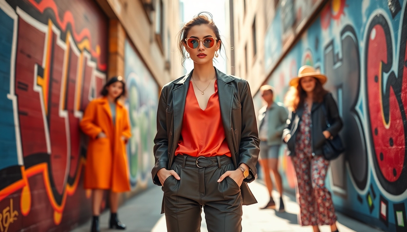 Fashion model confidently displaying eclectic outfits against vibrant street art backdrop.