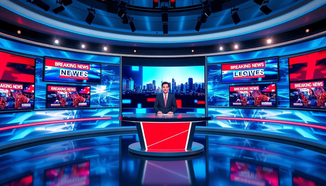 Engaging news anchor reporting latest news updates in a modern studio.