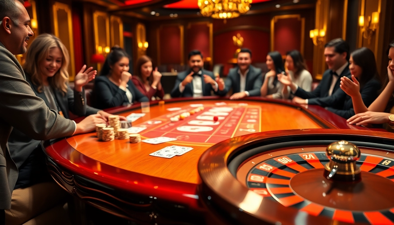 Joueurs engagés à une table de poker de casino en ligne luxueuse avec des jetons et des cartes colorés.