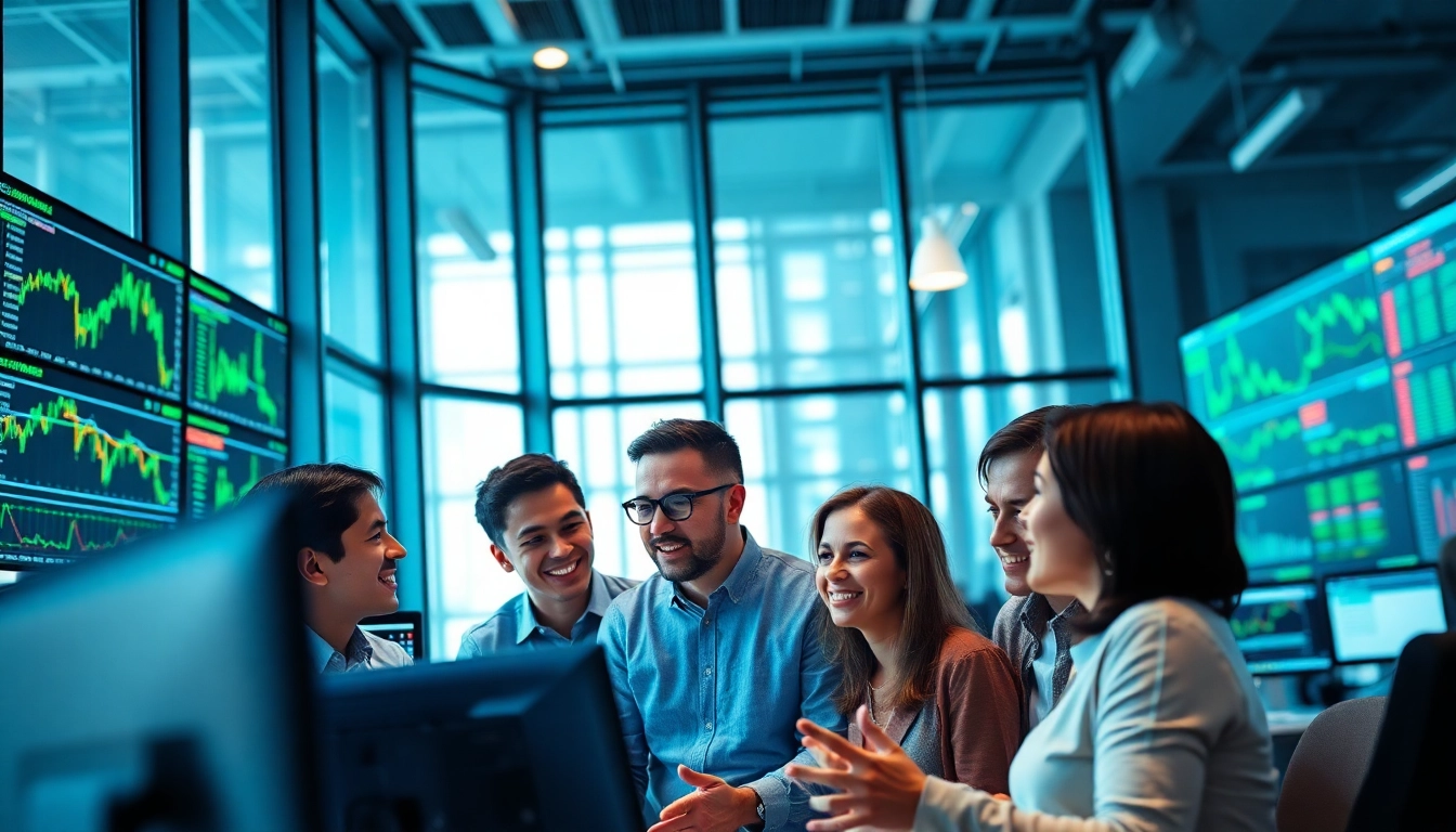 Traders collaborating in a tech-savvy office setting, symbolizing crypto quant trading firms.