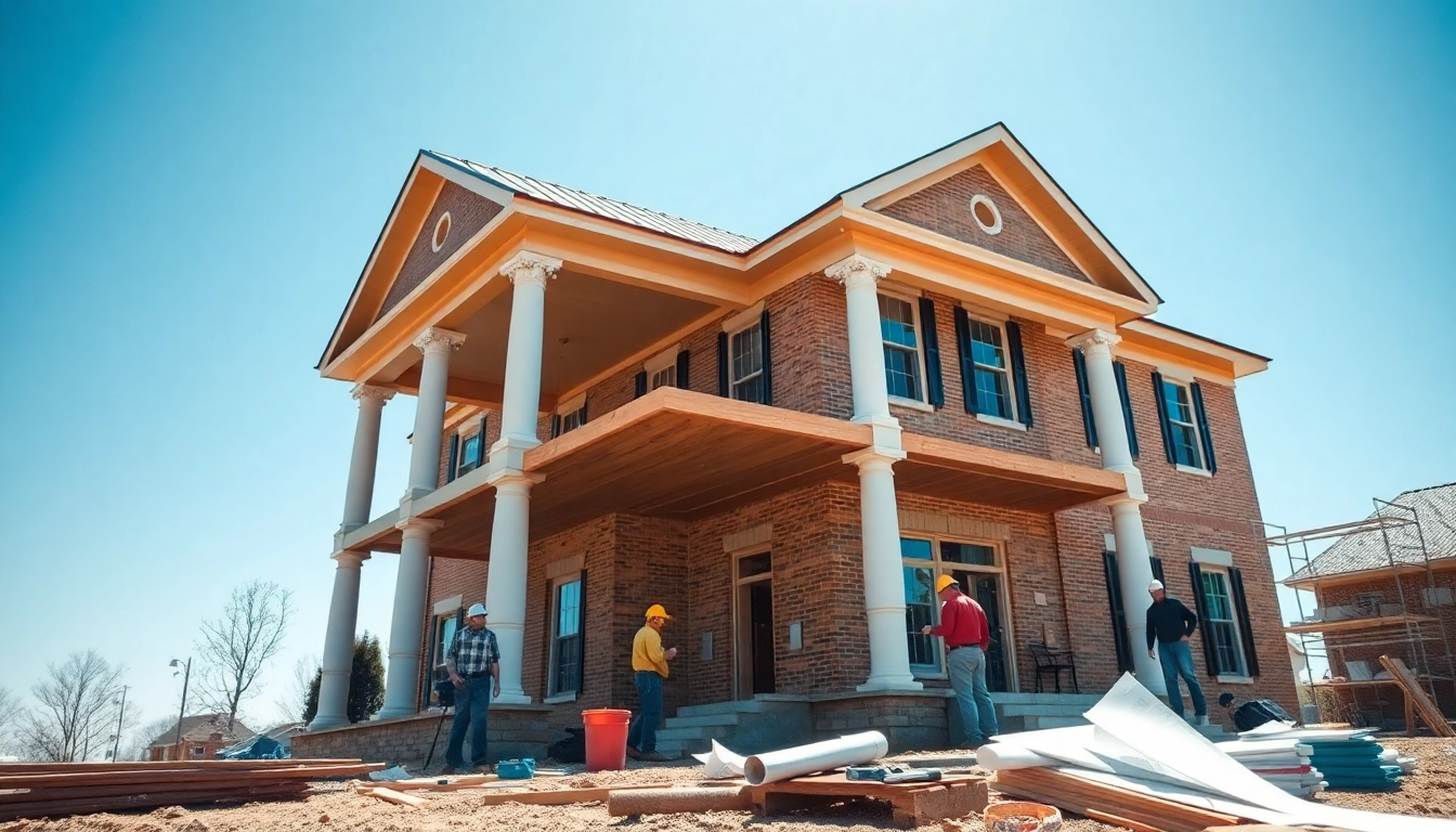 Colonial home new build construction featuring skilled workers and traditional architecture.