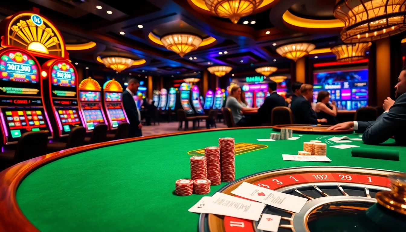 Visual representation of a luxurious gambling scene with trusted nhà cái uy tín game tables and casino elements.