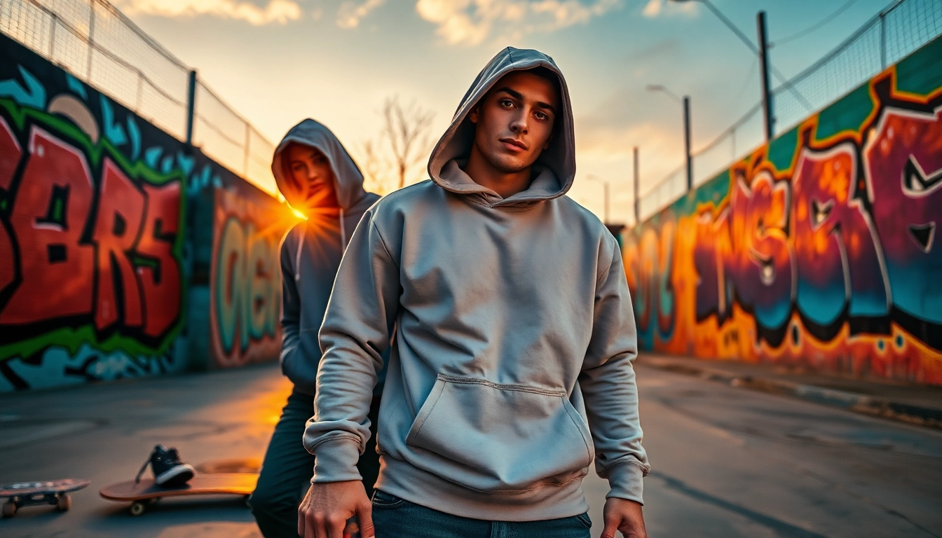 Model showcasing stylish blank hoodies in an urban skatepark setting with vibrant graffiti.