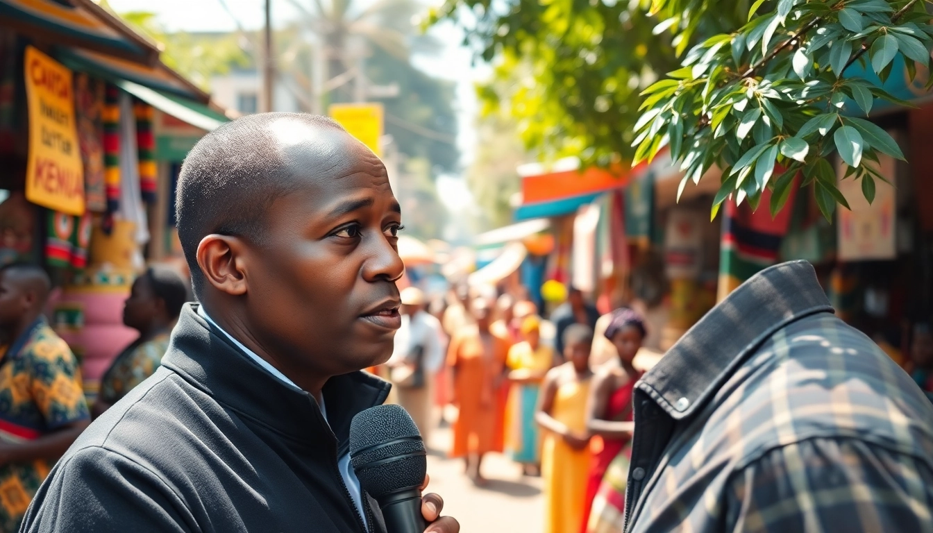 Engaging journalist capturing Kenya News Today in bustling Nairobi market.
