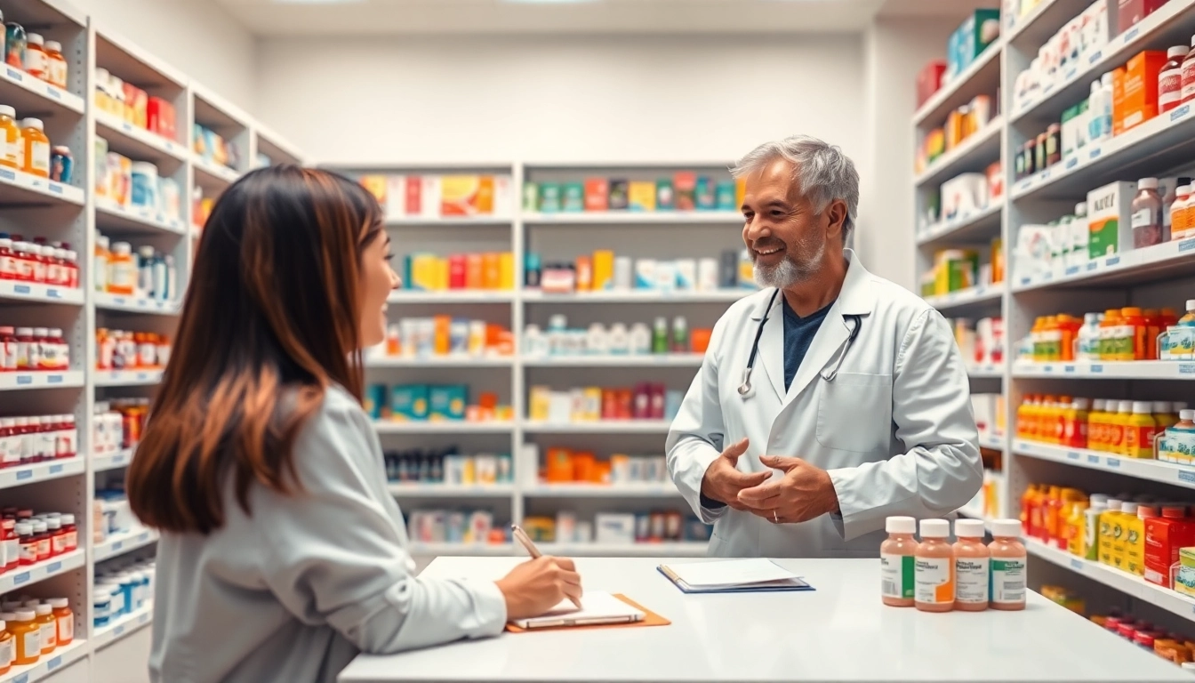 Engaging pharmacist at MediClick Pharmacy, providing personalized health consultation.