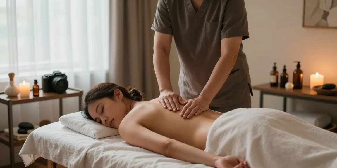 마사지 테라피 분위기의 휴식 공간, 아로마오일과 소프트 음악이 어우러진 편안한 모습