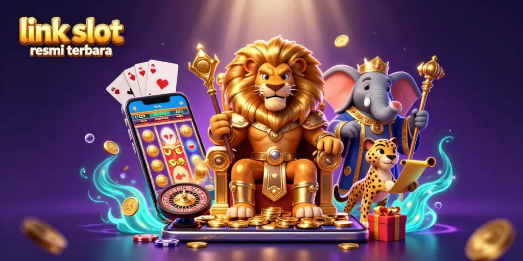 Permainan slot gacor di link slot resmi terbaru menampilkan singa raja kartun dengan latar belakang magis.