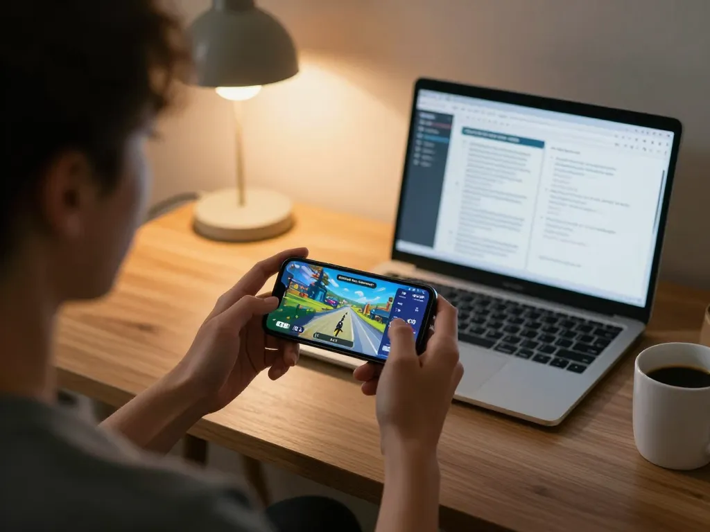 Experience gaming with the vt88 app on your smartphone in a cozy home office setup.
