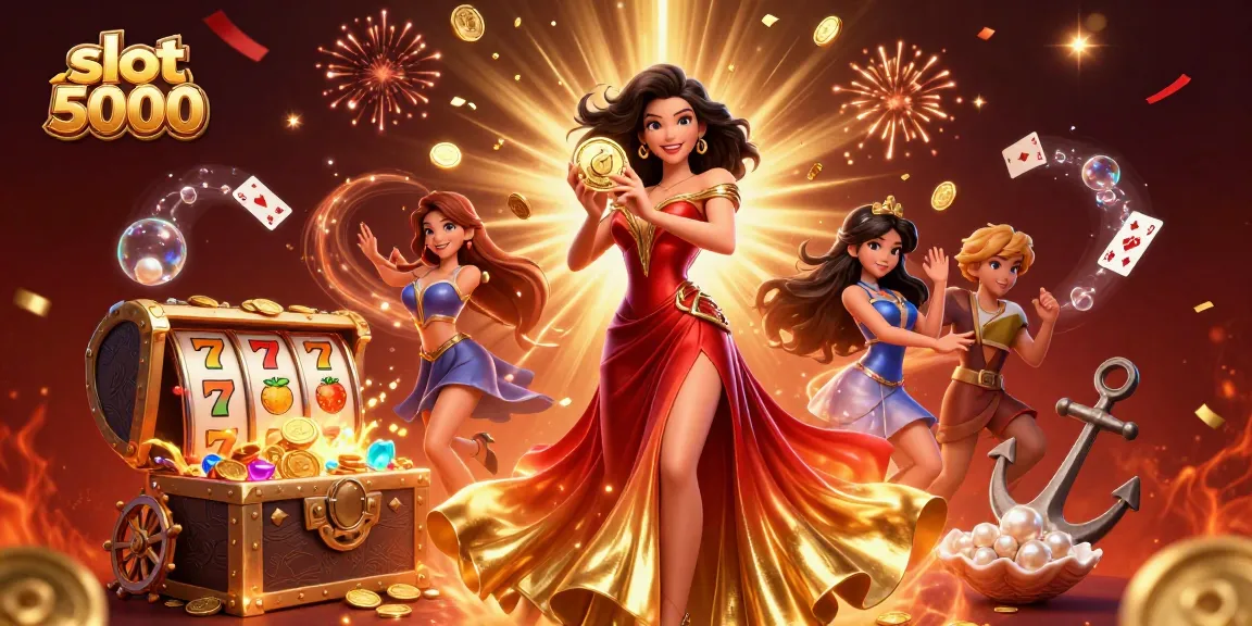 Experience thrilling gameplay with slot 5000, surrounded by vibrant casino elements and dazzling coins.