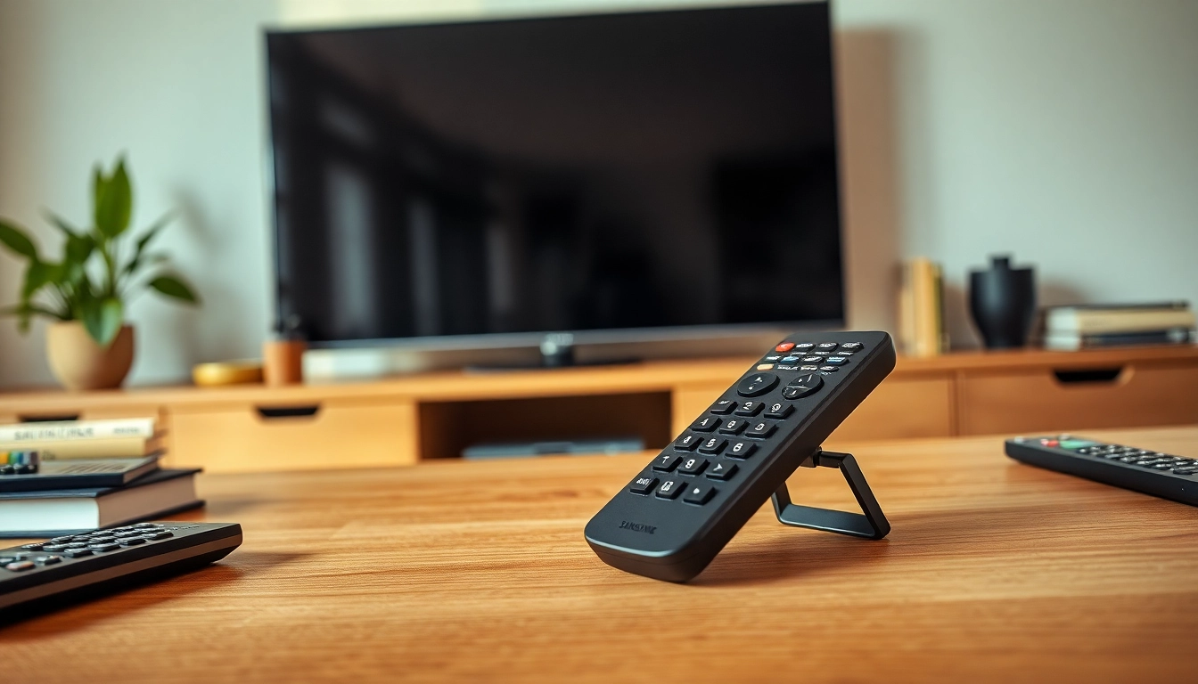 Samsung SolarCell remote replacement elegantly displayed on an entertainment center, highlighting its design.