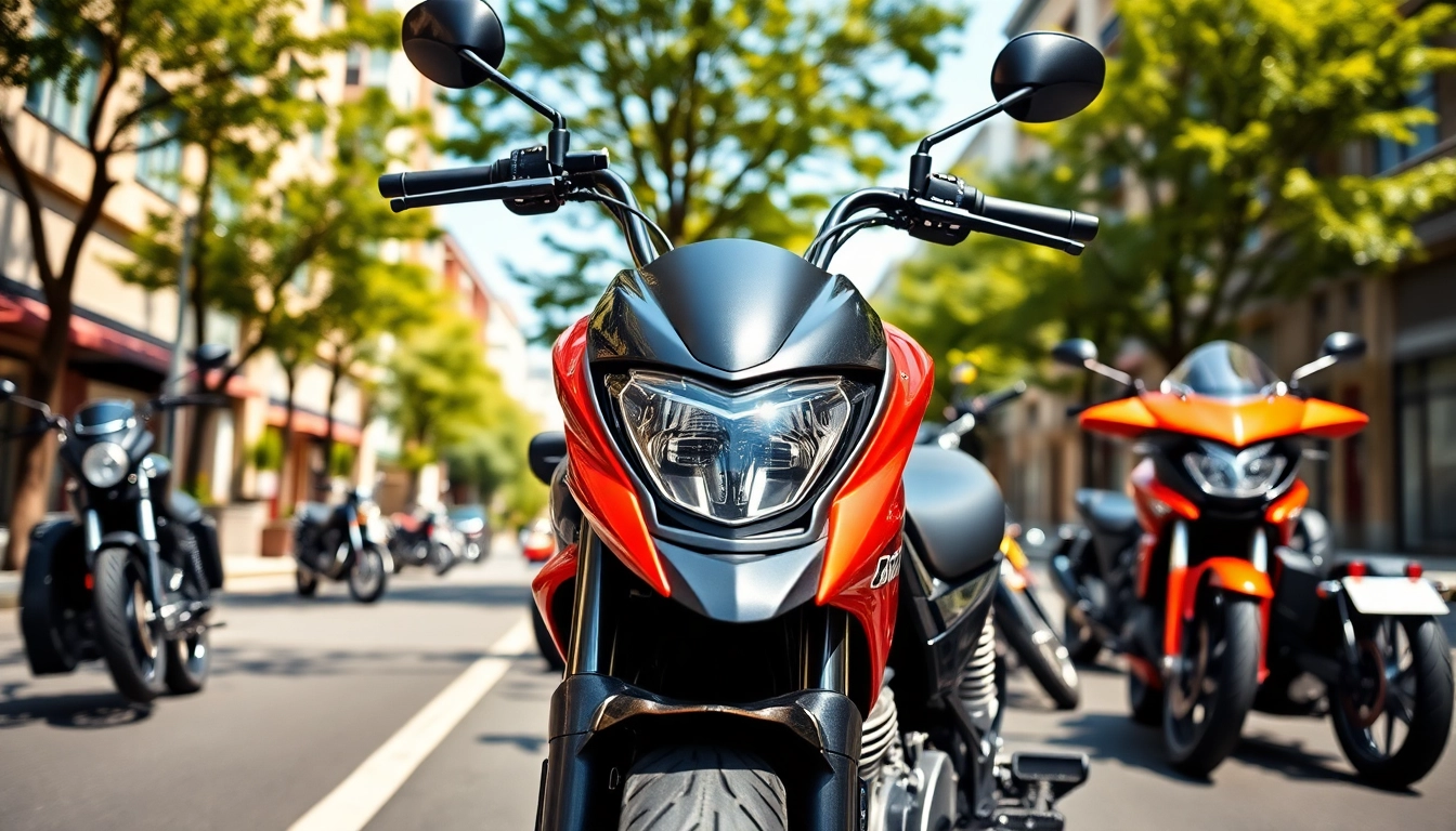 Showcasing affordable street legal motorcycles against a vibrant urban backdrop designed for adventure.