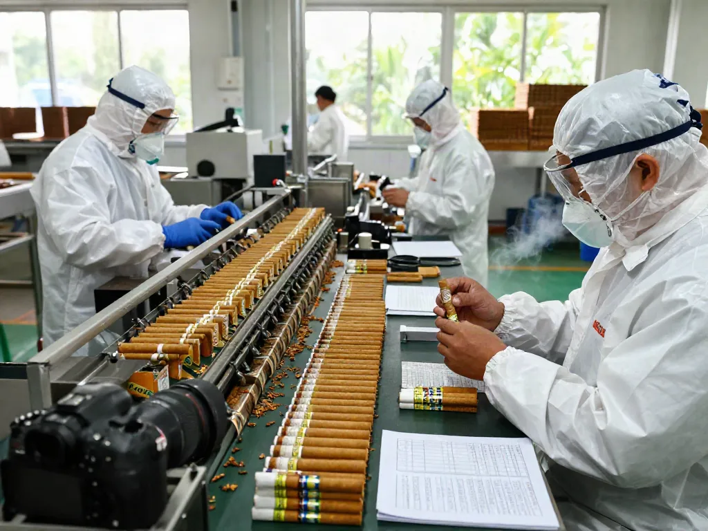 Djarum BOS clove cigarette production scene highlighting skilled workers and modern manufacturing processes.