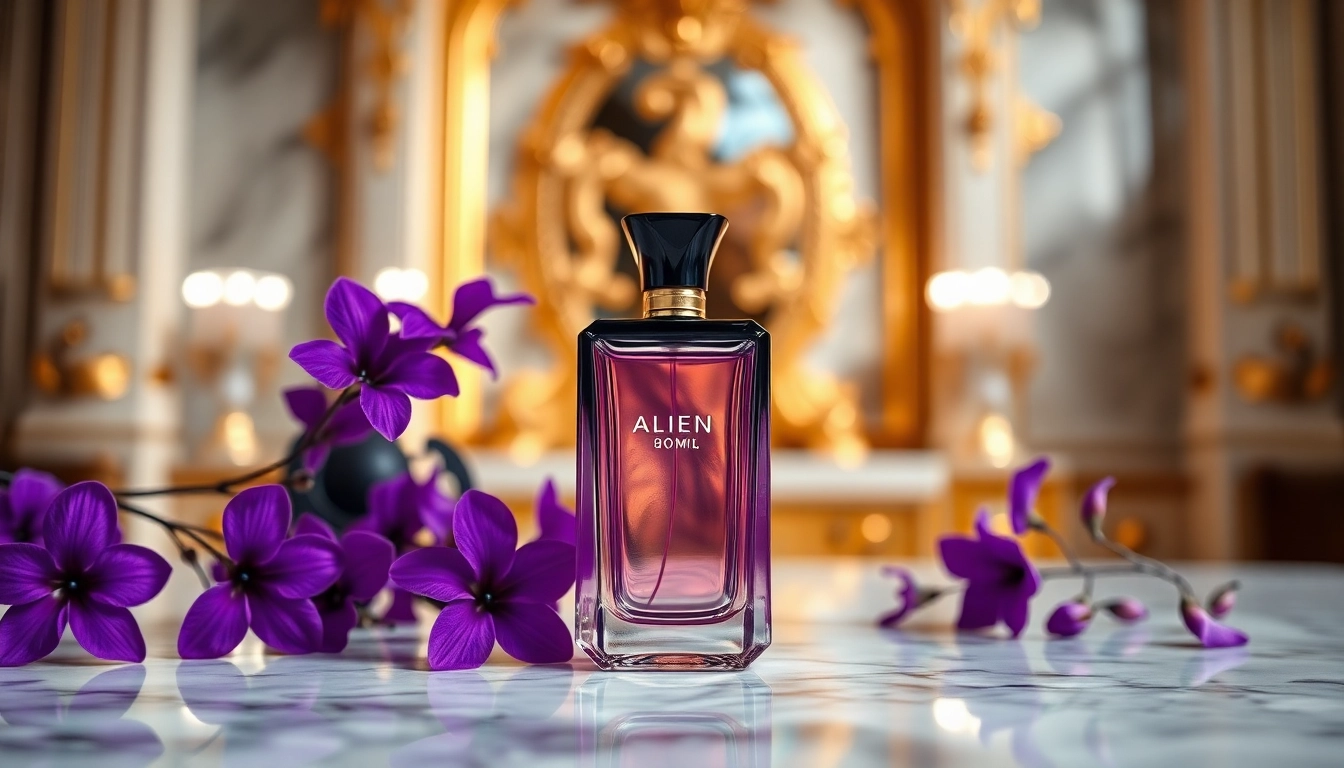 Discover the elegant alien perfume edp 90ml bottle among purple flowers.
