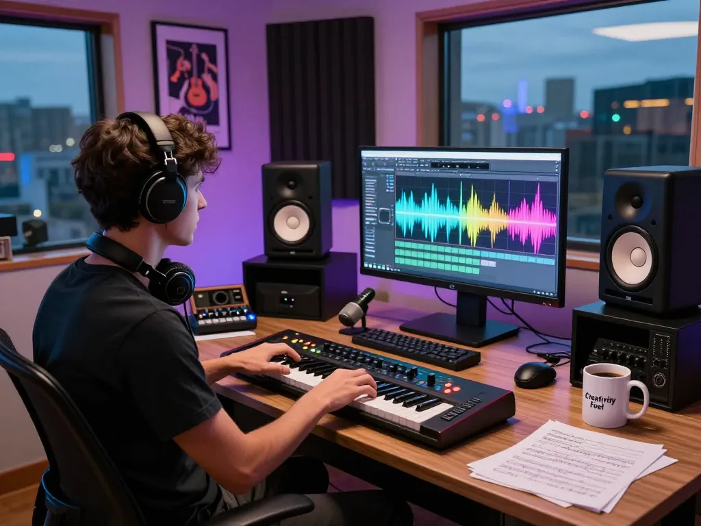 Composer working on SC88 sound module in modern studio