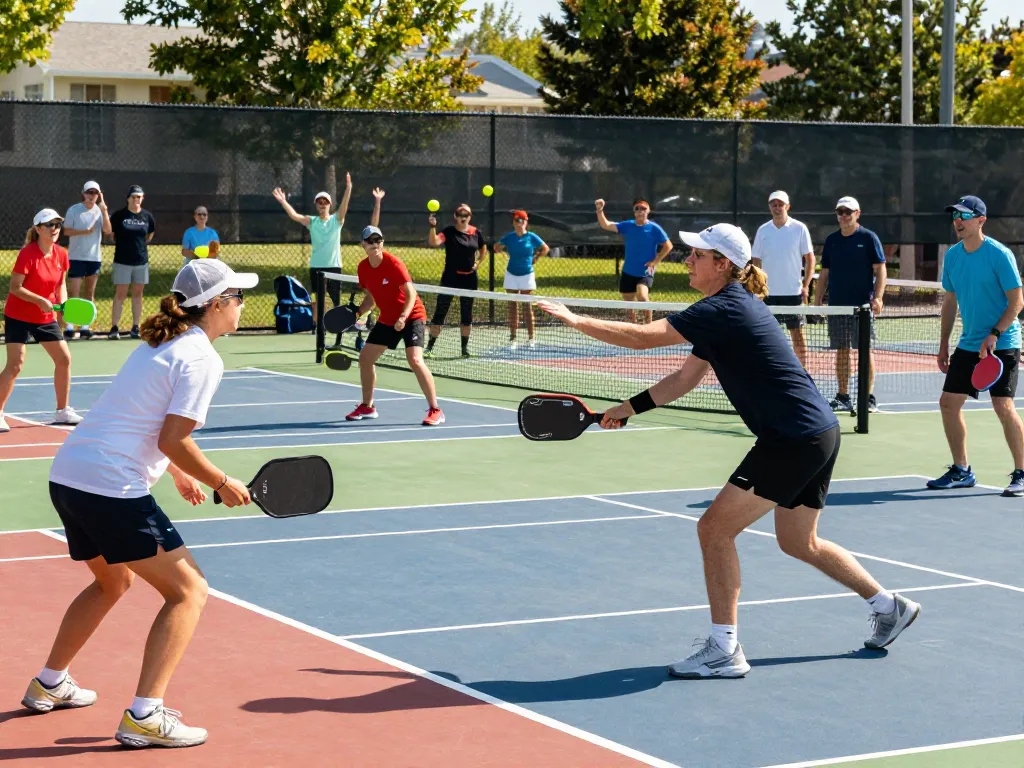 Engaged players showcasing colorful pickleball paddles during an exciting outdoor game.