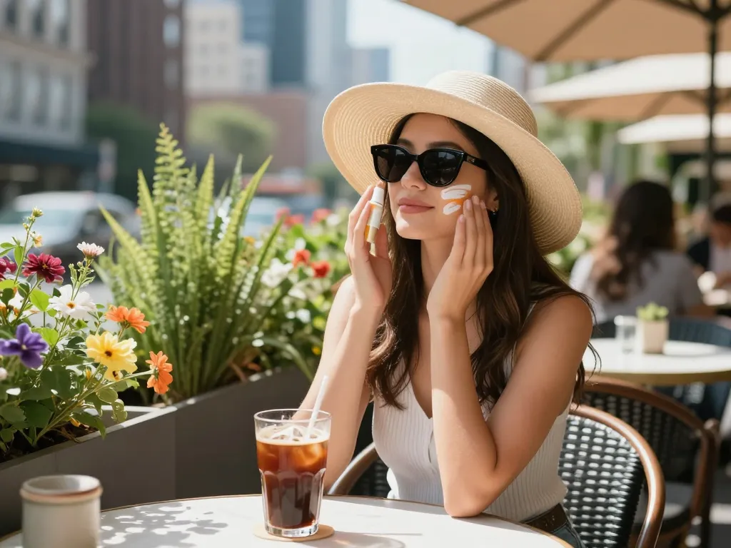 Young woman applying face spf sunscreen at urban café
