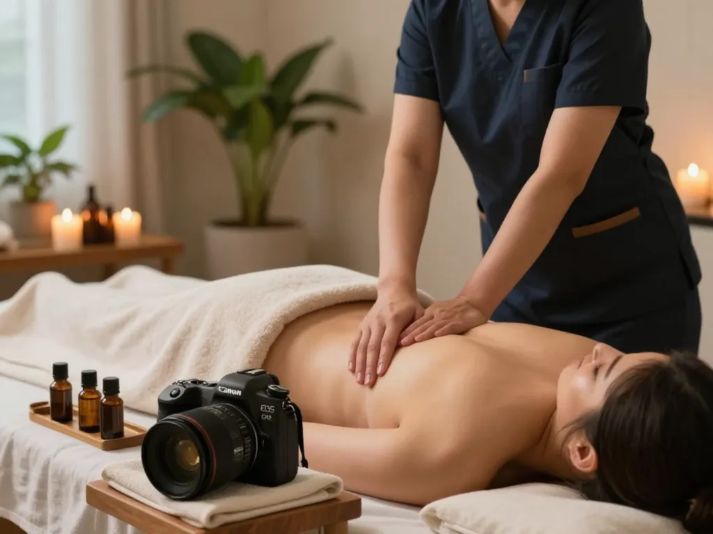 전문 치료사가 서초스웨디시 마사지를 제공하는 평화로운 스파 환경, 편안함과 웰빙의 고요한 분위기.