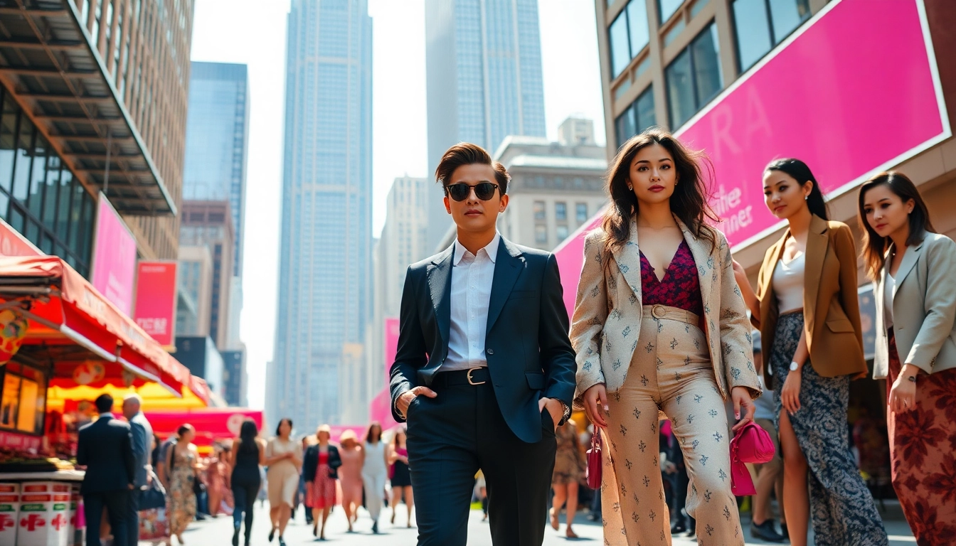 Engaging fashion scene showcasing diverse styles and vibrant outfits in a bustling city environment.