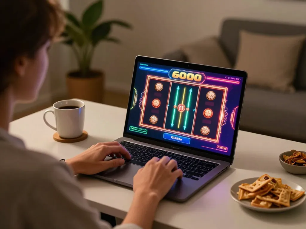 Engaging online casino gameplay with slot6000 on a laptop, showcasing vibrant graphics and a cozy atmosphere.