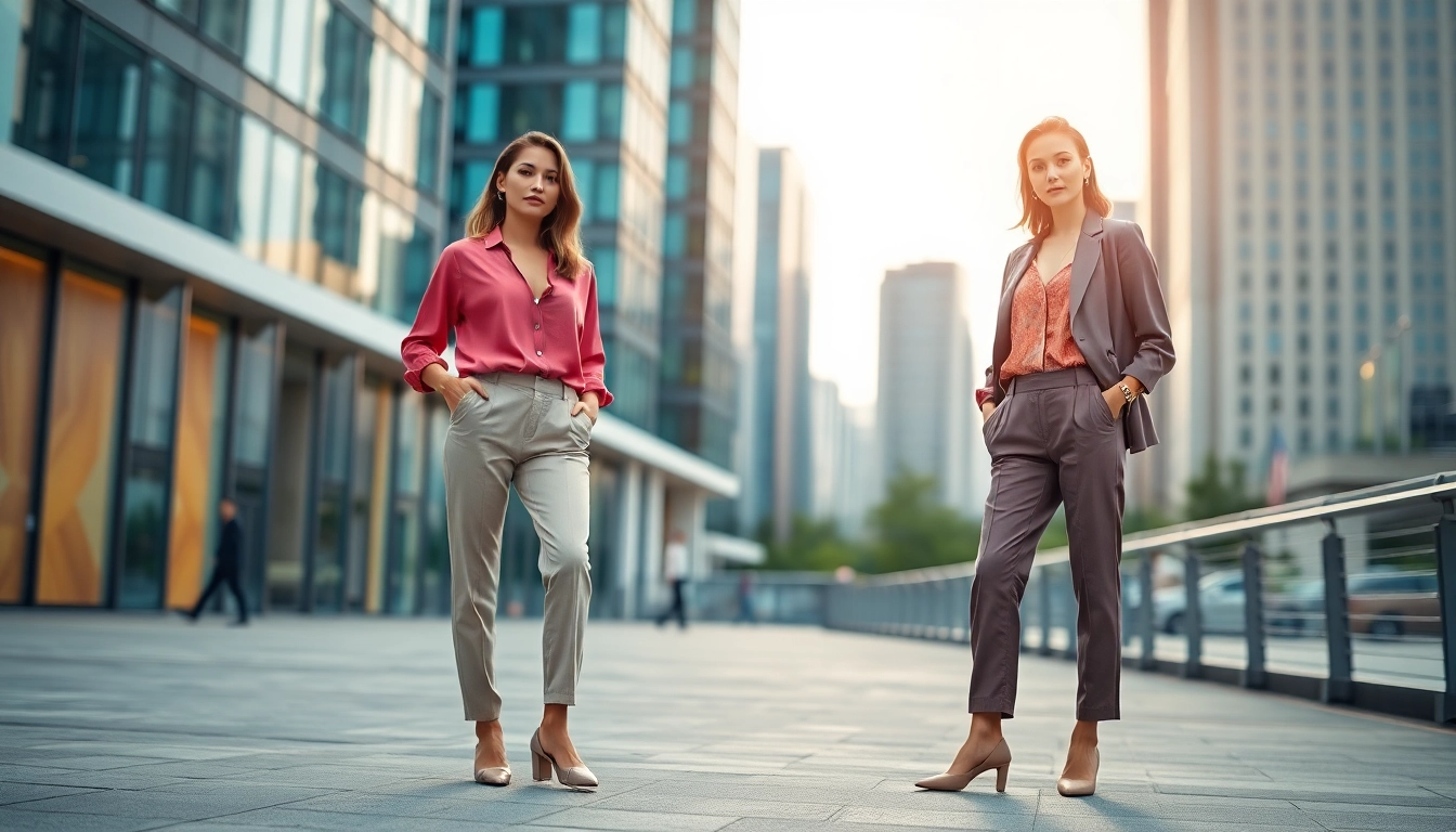 Stylish woman showcasing women fashion in a vibrant urban setting.